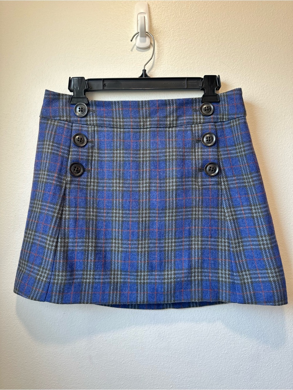 Gap Blue Plaid Wool Blend Mini A-Line Skirt Size 4 Double Button Preppy Academia